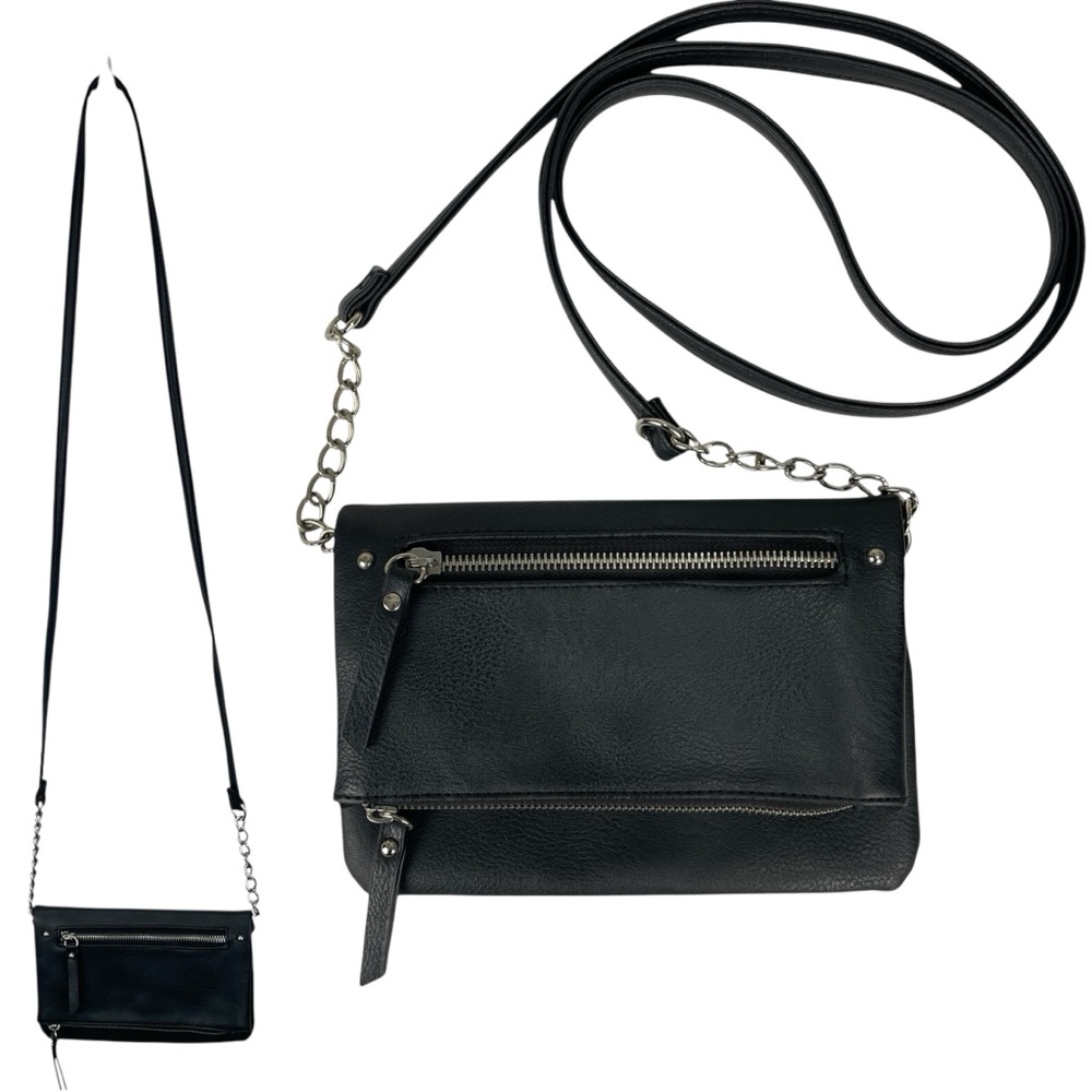 Flap Over Faux Leather Black Crossbody Small Bag Purse